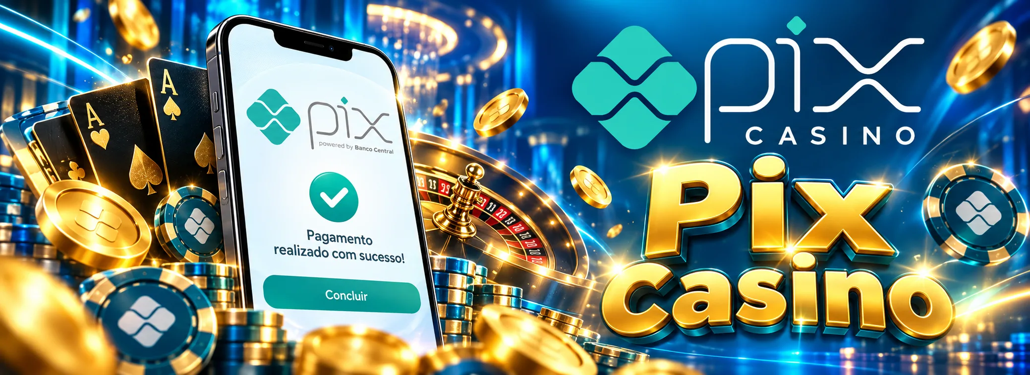 Fichas douradas com o losango Pix e o bônus de 500% do Pix Casino